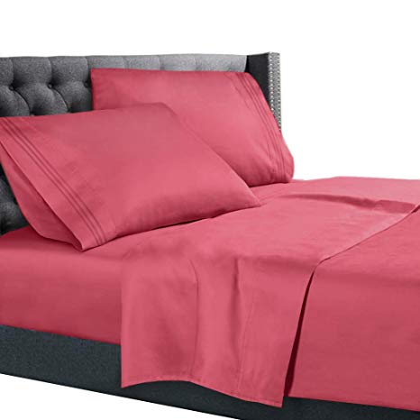 Nestl Bedding 4 Piece Sheet Set - 1800 Deep Pocket Bed Sheet Set - Hotel Luxury Double Brushed Microfiber Sheets - Deep Pocket Fitted Sheet, Flat Sheet, Pillow Cases, Flex-Top King - Coral Pink