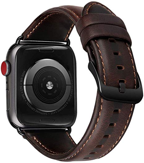 MroTech Leather Strap Compatible with iWatch 42mm 44mm Watch Band Genuine Vintage Leather Wristband with Steel Adapters Clasp Replacement for iWatch Series 5/4/3/2/1 Watchband 42/44 mm,Coffee/Black