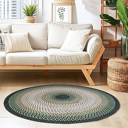 Super Area Rugs Round 4' Green - Ivory Circular Braided Rug for Farmhouse/Primitive Style Kitchens and Dining Table