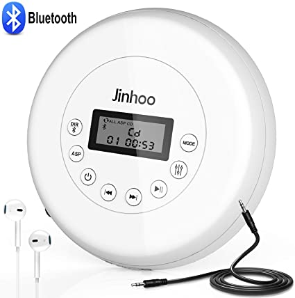 Bluetooth Portable CD Player with Wired Earbuds and 3.5mm Audio Cable, Anti-Skip/Shockproof Protection Small Music CD Walkman Players with LCD Display