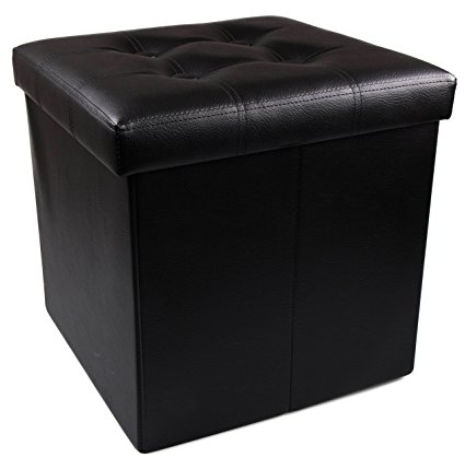 Premium Black Faux Leather Folding Storage Ottoman Foot Rest - 15" x 15" x 15"