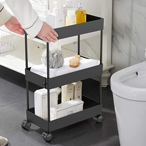 Storage Trolley,Bathroom Trolley 3-Tier Slide Out Storage Cart Rolling Utility Cart Storage Shelf Rack on Wheels, Multi-purpose Trolley Organizer for Bathroom Bedroom Office Laundry Kitchen,Black