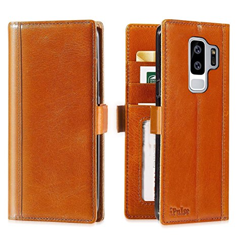 Galaxy S9 Plus Wallet Case Leather -- iPulse Journal Series Italian Full Grain Leather Handmade Flip Case For Samsung Galaxy S9 Plus with Magnetic Closure - Cognac