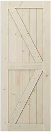 SmartStandard 32in x 84in Sliding Barn Wood Door Pre-Drilled Ready to Assemble, DIY Unfinished Solid Spruce Wood Panelled Slab, Interior Single Door Only, Natural, K-Frame (Fit 6FT Rail)