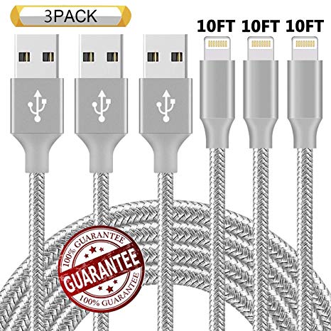 Neatlo Phone Cable 3Pack 10FT Nylon Braided Phone Charger Cord Compatible with Phone Xs/XS Max/XR/X/Phone 8 8 Plus 7 7 Plus 6s 6s Plus 6 6 Plus Pad Pod Nano - Grey