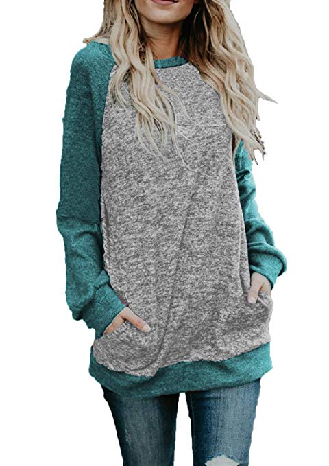 BLUETIME Women's Casual Knit Lightweight Raglan Long Sleeve Tunic Sweater Tops Shirts with Pockets