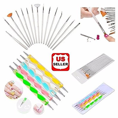 Glam Hobby 20pc Nail Art Manicure Pedicure Beauty Painting Polish Brush and Dotting Pen Tool Set for Natural False Acrylic and Gel Nails