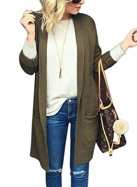 VINCINEY Women's Long Sleeve Loose Fit Knitted Cardigan Sweaters Outerwear with Pocket