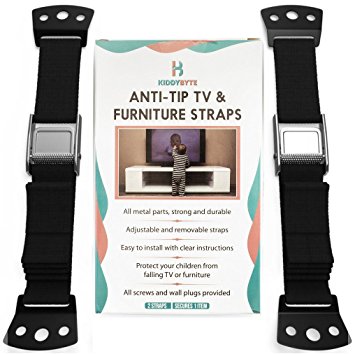 Anti Tip Furniture Kit & TV Safety Straps (2 Pack) - Adjustable Anchors 100% Metal Strap for Children Proof & Baby Proofing, Wall Anchor For Earthquake Resistant by KiddyByte