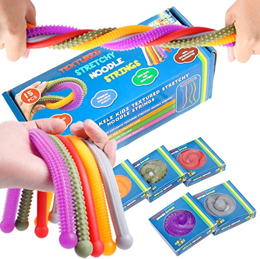 Durable TEXTURED Stretchy String Fidget and Sensory Toy - 15 Packs of Individually Packaged Monkey Noodles - Fun and Therapeutic Stress and Anxiety Reliever for Kids