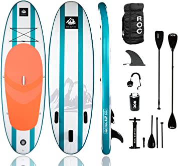 Roc Paddle Boards Inflatable Premium Paddleboard Pack W/ Heavy Duty Comfort Backpack, Paddle, Non-Slip Deck Pad, Waterproof Bag, Safety Leash, Main Fin and a Dual Action Pump.