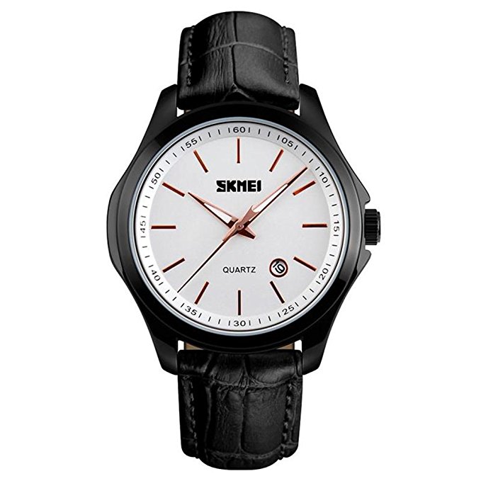 Mens Casual Analog Quartz Waterproof Business Black Leather Band Wrist Watch with Black Border and Strap, Simple Watch and White Dial