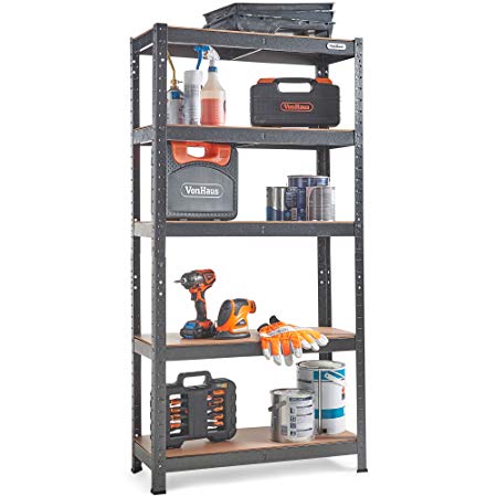 VonHaus 5 Tier Garage Shelving – Metal Racking, Steel & MDF Boltless Shelves - Massive 875kg Capacity 175KG per Shelf | 150cm H 75cm W 30cm D