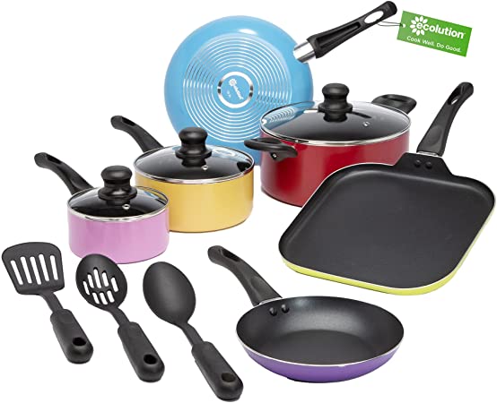 Ecolution Easy Clean Non-Stick Cookware, Dishwasher Safe Pots and Pans Set, 12 Piece, MultiColor