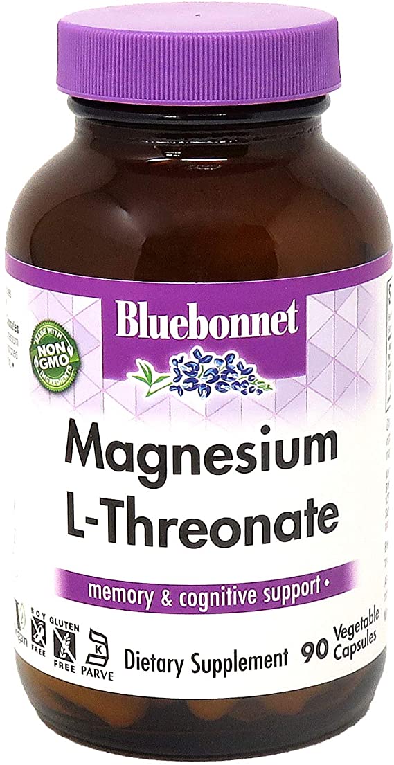 Bluebonnet Nutrition Magnesium L-Threonate, for Cognitive Function and Mood, Soy-Free, Gluten-Free, Non-GMO, Dairy-Free, Kosher, Vegan, 90 Vegetable Capsules, 30 Servings