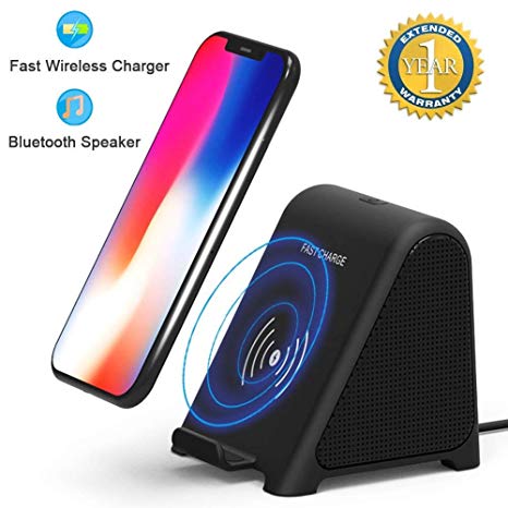 Bluetooth Speaker & Wireless Charger, 2 in 1 Home Audio Stereo Player & 10 W/7.5 W/5W Fast Wireless Charger Compatible for Samsung Galaxy S9,S9 ,S8,S8 ,S7 Edge, S6, Note 9 iPhone X/XS Max/XR/XS/8 Plus