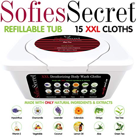 SofiesSecret XXL Deodorizing Body Wash Cloths, 12"x12", Rinse Free Wipes for Hands, Face, Body, Womanhood and Manhood, Made with ONLY Natural Ingredients & Extracts, Super Thick