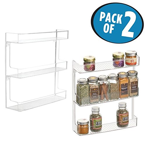 mDesign Wall Mount Kitchen Spice Organizer Rack for Herbs, Salt, Pepper, Cinnamon, Ginger, Garlic - Pack of 2, 3-Tier, Clear