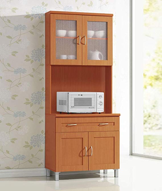 Hodedah Tall Standing Kitchen Cabinet with Top and Bottom Enclosed Cabinet Space, 1-Drawer, Large Open Space for Microwave in Cherry