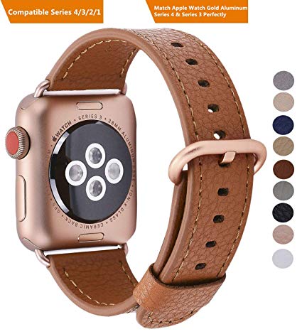 PEAK ZHANG Compatible Iwatch Band 38mm 40mm M/L Women Men Genuine Leather Replacement Strap Compatible iWatch Series 3 Gold/Series 4 Gold Aluminium, Light Brown