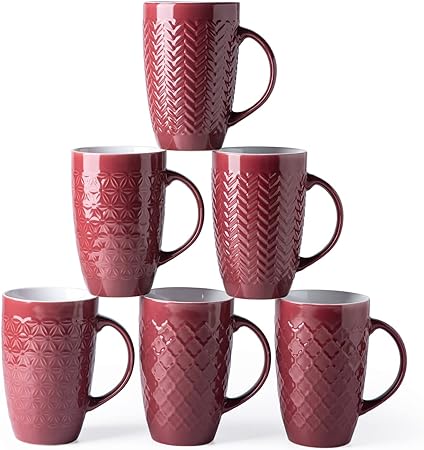 AmorArc Extra Large Coffee Mugs Set of 6, 20oz Ceramic Tall Coffee Mugs with Textured Geometric Patterns for Latte/Tea/Beer/Hot Cocoa, Dishwasher & Microwave Safe, Burgundy