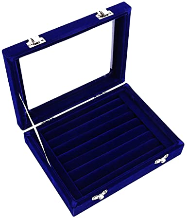 Ivosmart 7 Slots Velvet Glass Ring Jewellery Display Storage Box Tray Case Holder Earring Organizer Stand Blue