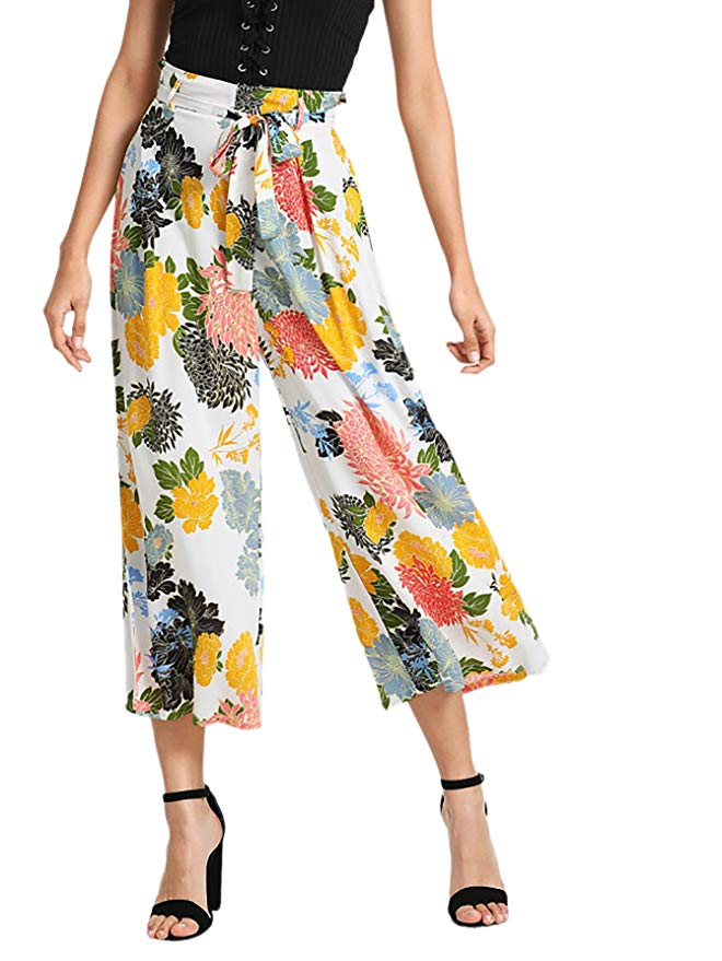 Romwe Women's Floral Frilled High Elastic Waist Wide Leg Pants