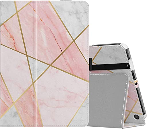 MoKo Case Fits Kindle Fire HD 8 & 8 Plus Tablet (10th Generation, 2020 Release), Slim Folding Stand Cover with Auto Wake/Sleep - Geometric Marble Pink