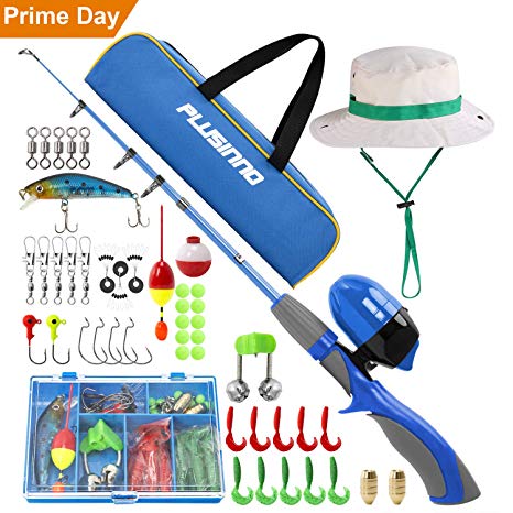 PLUSINNO Kids Fishing Pole,Portable Telescopic Fishing Rod and Reel Full Kits, Spincast Youth Fishing Pole Fishing Gear for Kids, Boys