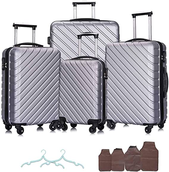 Apelila Set of 4 Carry On Luggage Sets Travel Suitcase Spinner Hardshell Lightweight Free Gift Inside (Silver)