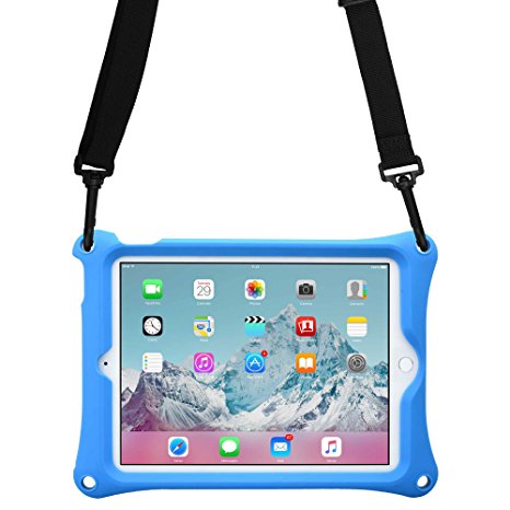 Apple iPad Mini 1 2 3 4 case, COOPER BOUNCE STRAP Shoulder Strap Heavy Duty Work Rugged Tough Protective Drop Shock Proof Rubber Bumper Silicon Carry Kids Toy Holder Cover Bag with Stand (Blue)