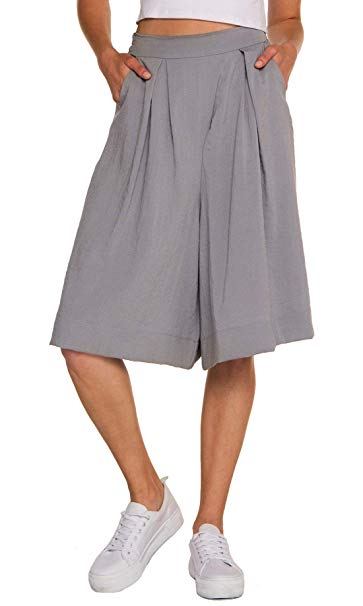 Chartou Woman's Casual Loose Fit Stretched Waist Knee Length Wide Leg Culottes Shorts