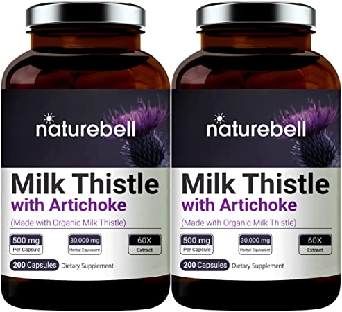 2 Pack NatureBell Milk Thistle Extract 30:1, Made with Organic Milk Thistle Powder and Artichoke Extract, 9000mg Herbal Equivalent, 200 Capsules, Active Natural Silymarin for Liver Health, Non-GMO