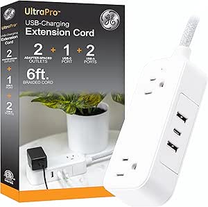 GE Flat Plug Power Strip Extension Cord with USB Ports, Travel Power Strip with 2 Outlets 3 USB Ports, Cruise Ship Essentials, 6 Ft Braided Small Extension Cord Flat Wall Plug, ETL Listed White, 81597