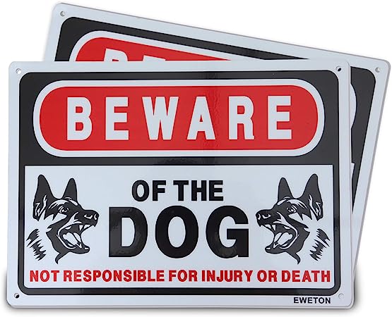 EWETON Beware of Dog Sign, 2 Pack Aluminum 10"x 7" Rust Free Beware of Dog Warning Signs, UV Printed- Professional Graphics- Pre-Drilled Holes for Easy Mounting Outdoor Use for Fence Door or Gate