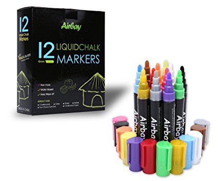 Airbay Liquid Chalk Markers - 12 Colored Washable Pens Plus Neon Gold And Silver, 2 Extra 6mm Reversible Tip And Brand New Revolutionary Cap