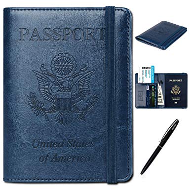 Passport Holder Cover Case - Leather RFID Blocking For Women Men With Bonus Pen