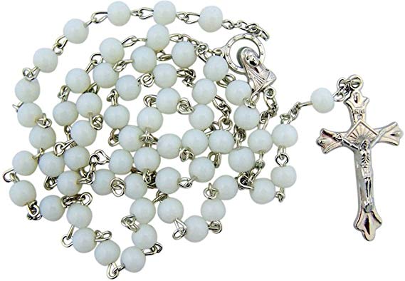 1 X White Glass Beads Rosary, 6mm Beads, Great for Women or Girls. Perfect for First Communion, Rcia or Confirmation. by CB
