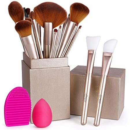 BESTOPE Makeup Brushes 16PCs Makeup Brushes Set with 2PCs Silicone Face Mask Brush 1 Makeup Sponge and 1 Brush Cleaner Premium Synthetic Foundation Brushes Blending Shadows Make Up Brushes