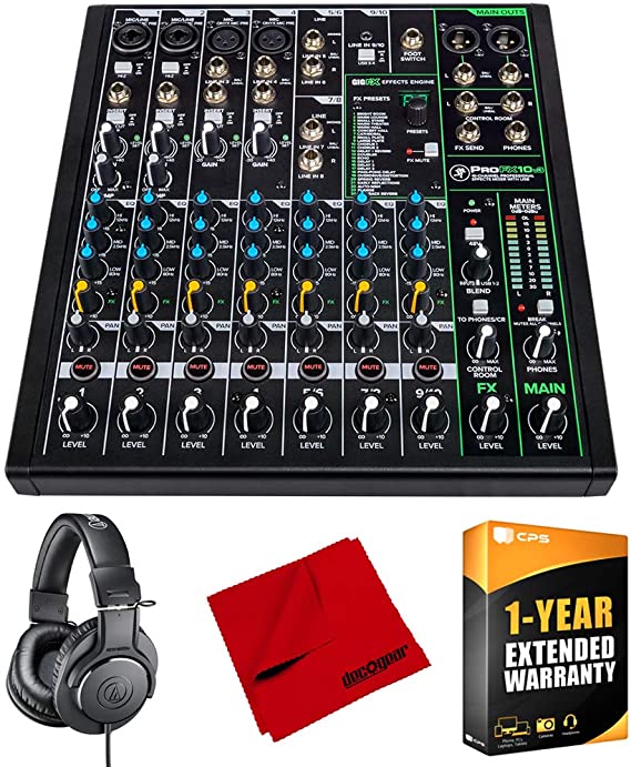 Mackie PROFX10V3 10 Channel Professional Effects Mixer with USB Bundle with Audio-Technica ATH-M20X Professional Monitor Headphones, Deco Gear Microfiber Cleaning Cloth and 1 Year Extended Warranty