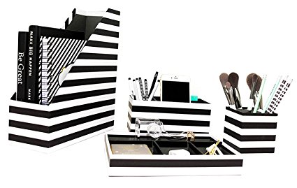 Blu Monaco Desk Black White Desk Accessories Organizer Set - 4 Pcs Set - Fun, Stylish Horizontal Stripes Design - Stores Magazine, File Folders, Mails, Bills, Office or Beauty Supplies