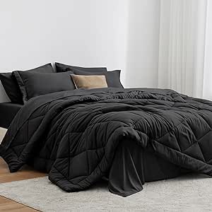 Love's cabin Queen Comforter Set Black, 7 Pieces Queen Bed in a Bag, All Season Queen Bedding Sets with 1 Comforter, 1 Flat Sheet, 1 Fitted Sheet, 2 Pillowcase and 2 Pillow Sham