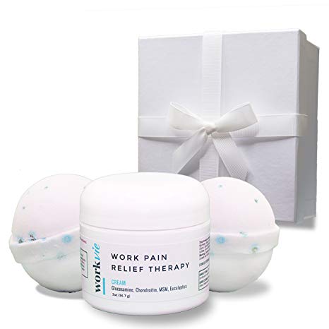 Workvie Soothing Eucalyptus Gift Set - Reduces Stress and Pain - All Natural - 1 Nutrient Rich Pain Relief Cream (2oz), 2 Eucalyptus Bath Bombs, 1 Gift Box - Gift for Dad, Mom, Colleague, Employee