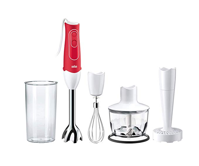 Braun MQ537R MultiQuick 5 Immersion Hand Blender Patented Technology - Powerful 350 Watt - Dual Speed - Includes Beaker, Whisk, 2-Cup Chopper, Masher, 536, Red