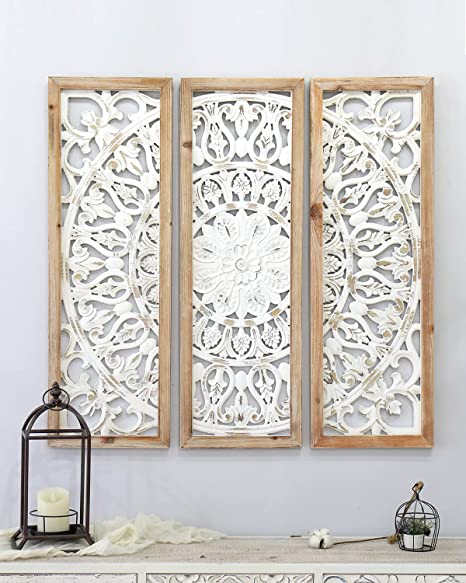 CASOLLY Carved Wood Wall Decor,Floral-Patterned Wooden Panels (Set of 3),Decorative Carved Wall Sculpture,39"x36"x1",for Living Room Bedroom Entrance Hall