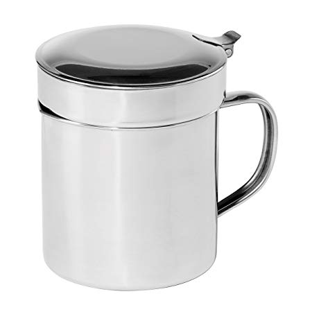 Oggi 7324 Stainless Steel Grease Can with Hinged Lid and Removable Strainer - 1 Quart