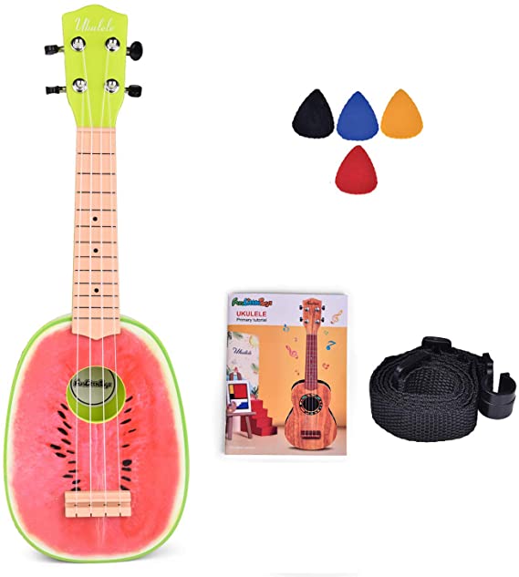 FUN LITTLE TOYS 21 Inch Toy Guitar Ukulele for Kids, Musical Instruments for Kids with Strap, Picks and Tutorial, Learning Educational Toys for Boys and Girls (Watermelon)