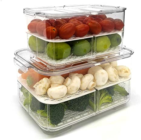 Food Storage Containers Set of 2 with Lids And Removable Drain For Freezer Kitchen Produce Fruit Vegetable