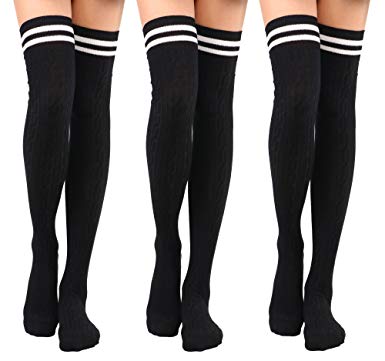 Jasmine Women's Knee High Cable Knit Striped Winter Socks - 1-3 Packs