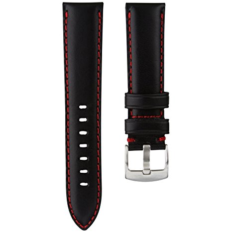 Geckota® Genuine Italian Leather Padded Sport Watch Strap, Black with Contrasting Stitching
